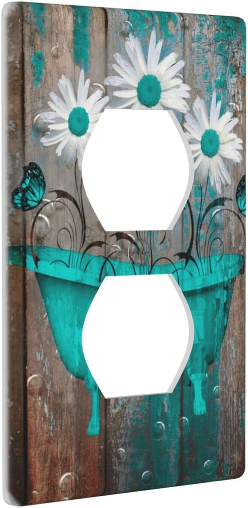 Rustic Teal Single Duplex Receptacle Cover 1 Gang Farmhouse Daisy Outlet Covers Decorative Wall Plates for Home Bathroom, 4.50 x 2.76 Inch...