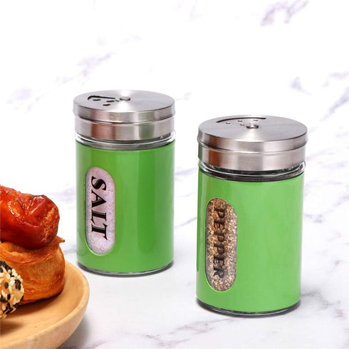 Salt and Pepper Shakers Stainless Steel and Glass Set with Adjustable Pour Holes (Green)...