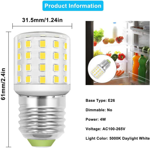LED Appliance Light Bulb for Refrigerator Fridge Freezer 4W (40W Equivalent) E26 Medium Base Compact T10 Tubular A15 AC100-265V Floor Lighting Dec...
