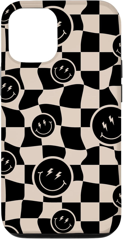iPhone 15 Cute Retro Twisted Swirl Black Happy Smiling Face Checkered Case...