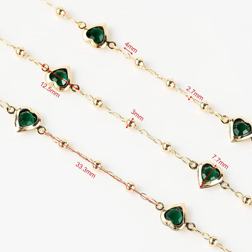 YOUBEIYEE Green Rhinestone Heart Chain for Jewelry Making, Gold Plated Brass Ball Bead Necklace Chain Bulk with Junp Rings and Lobster Clasps...