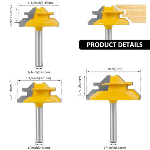 3PCS 45 Degree Lock Miter Router Bit Set, 1/4 Inch Shank Woodworking Tools Set with 1/4 Inch to 1/2 Inch Router Collet Converter for Cutting Heigh...