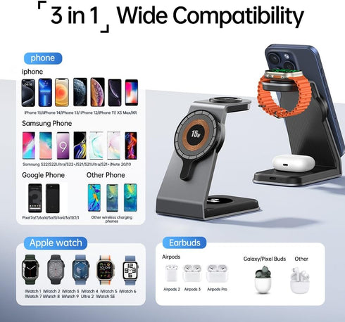 3 in 1 Magnetic Wireless Charging Station 18W Max for Apple iPhone/iWatch/Airpods,iPhone15,14,13,12,11 (Pro,Pro Max)/XS/XR/XS, iWatch9/8/Ultra2/1/...