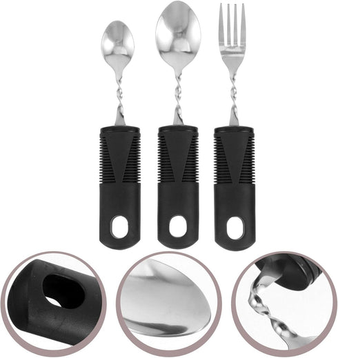Beavorty Adaptive Utensils 3pcs Curved Spoon Fork with Non- Handles Stainless Steel Eating Silverware for Hand Tremors Elderly...