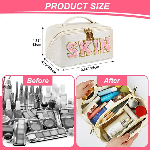 Large Capacity Travel Cosmetic Bag, Synthetic Leather Open Flat Makeup Bag for Women Letter Toiletry Bag with Dividers and Handle...