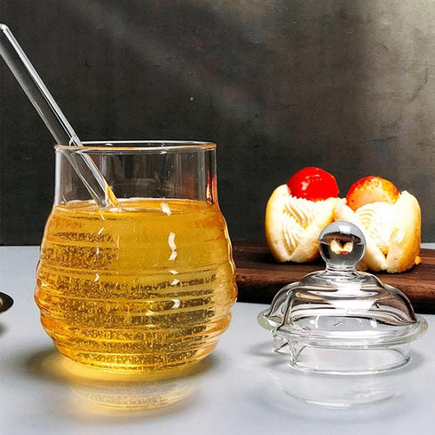 Bee-hive Honey Jar Glass Honeypot, Honey Syrup Dispenser with Dipper and Lid for Home Kitchen...