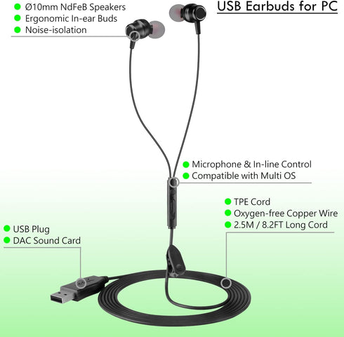 USB Earbuds with 8.2FT Extra Long Cord for Computer, in-Ear USB Headphone Headset with Mic Compatible with Laptop, Desktop PC, Notebook & Chromebo...