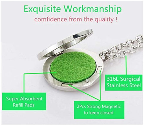 Aromatherapy Essential Oil Diffuser Stainless Steel 30MM Silver Magnetic Locket Pendant with Chain Necklace and Colored Refill Pads & Diffuser Bra...