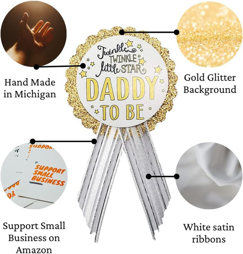 Twinkle Little Star Baby Shower Pin Set - Gold Glitter & White Satin Ribbons for Mommy and Daddy-to-Be...