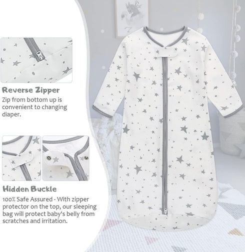 Long Sleeve Sleep Sack, 100% Cotton Baby Sleeping Bag 0-18 Months Baby Wearable Blanket Super Soft Temp Regulating Premium Infant Toddler Kids Sle...