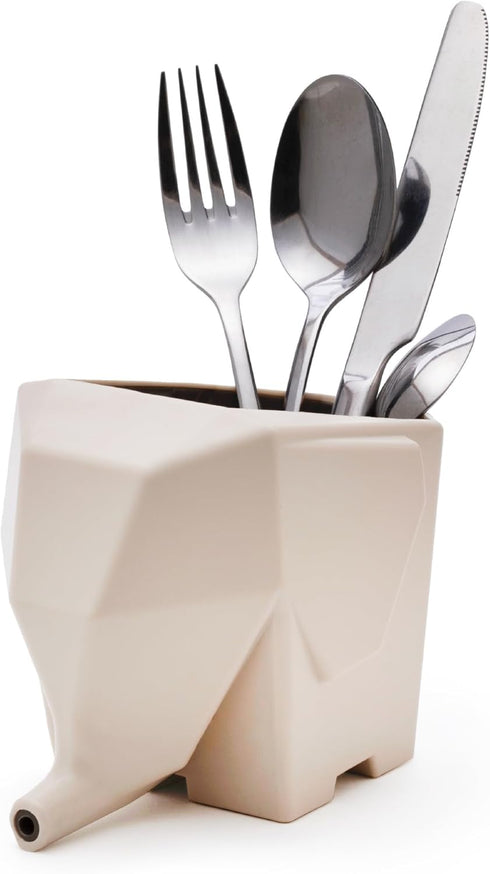 PELEG DESIGN Cutlery Holder Jumbo Cute Drainer and Funny Plastic Elephant Sink Cutlery Organizer Drainer Storage Box and Toothbrush Holder (Cream)...