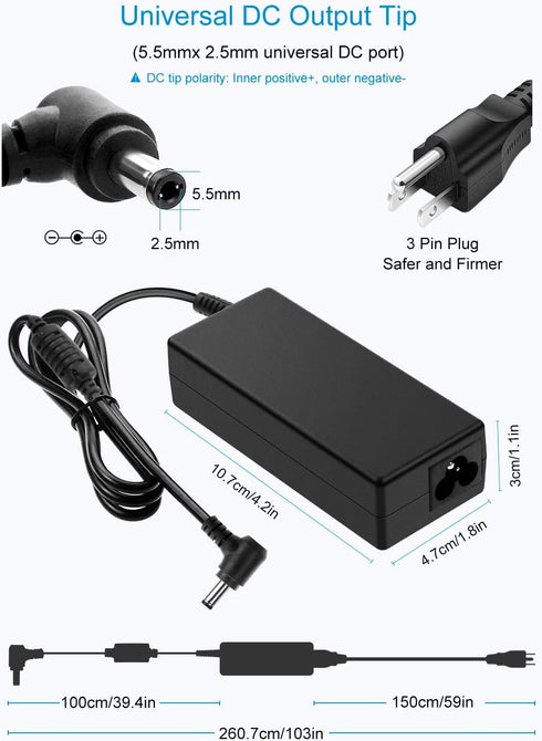 ALITOVE 19V 3.42A Universal Laptop Charger 2.53A 2.1A Monitor Power Supply Cord 65W 48W 40W for HP LG Monitor Samsung TV Acer Chromebook Toshiba S...