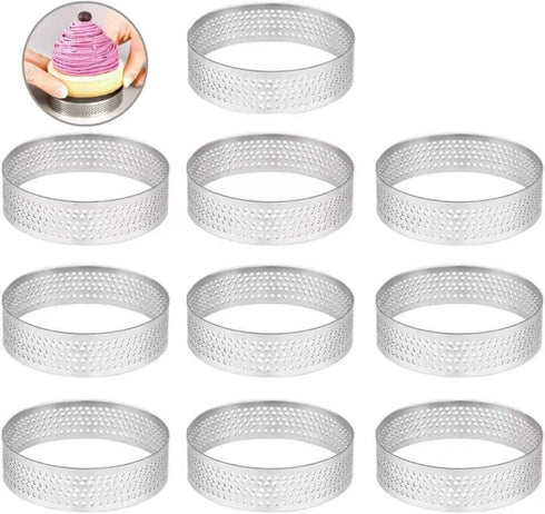 10 Pcs 2.37 Inch 304Stainless Steel Tart Ring, Heat-Resistant Perforated Cake Mousse Ring, Round Ring Baking doughnut tools (6cm)...