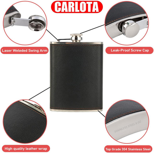 Hip Flask Gift Set, Hip Flasks for Liquor for Men with Black Leather Cover, 8 Oz Hip Flask Set, 18/8 Stainless Steel Hip Flasks for Liquor with 2 ...