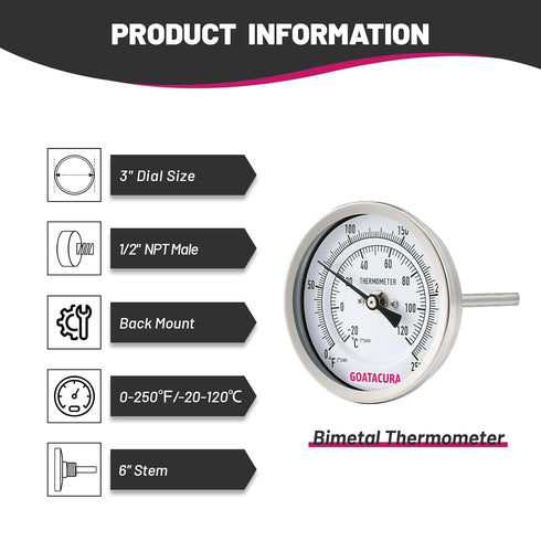 Bimetal Thermometer, Full Stainless Steel, 3" Dial Size, 6" Stem, 1/2" NPT Back Mount, 0-250 Deg F/-20-120 Deg C, 1% Accuracy...