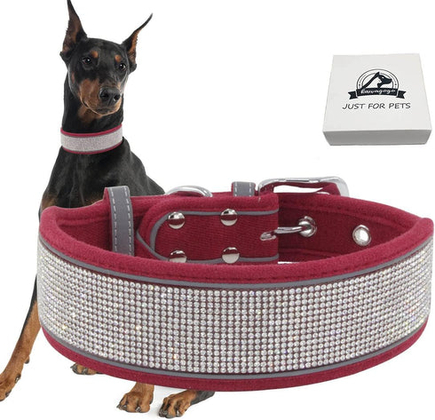 Bling Diamond Dog Collar for females girls,Soft Velvet Leather with Fancy Sparkly Crystal Rhinestones,Reflective Stripe,Suit Medium Large Dogs pup...