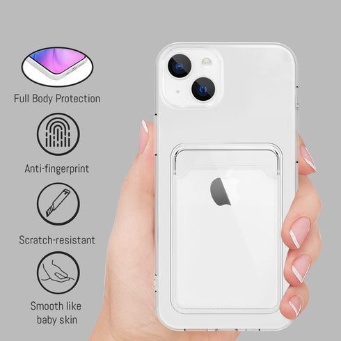 MZELQ Silicone Compatible with iPhone 15 Case, Card Holder Camera Protection Cover + Screen Protector, Card Slot Soft Slim Phone Case -Crystal......