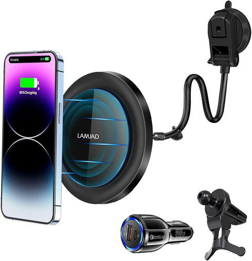 LAMJAD for Magsafe Car Mount Charger, Magnetic Car Charger Fast Charging, 15W Wireless Car Charger,Compatible for Phone 15/14/13/12 Air Vent Dashb...