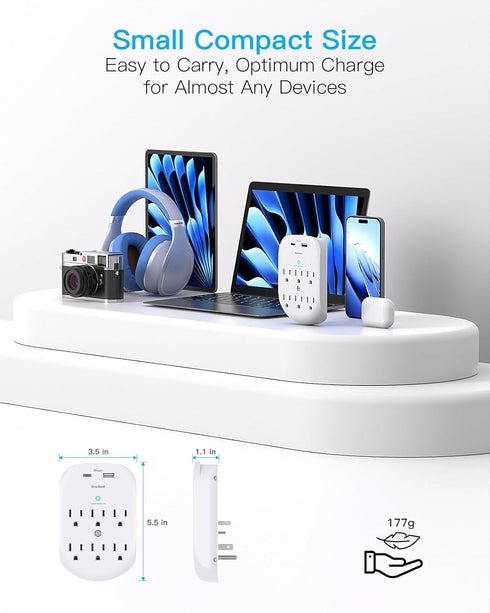 2 Pack Surge Protector Outlet, Multi Plug Outlet Adapter with 6 Wall Outlets 2 USB Wall Charger (1 USB C Port), Wall Outlet Extender, Multiple Out...