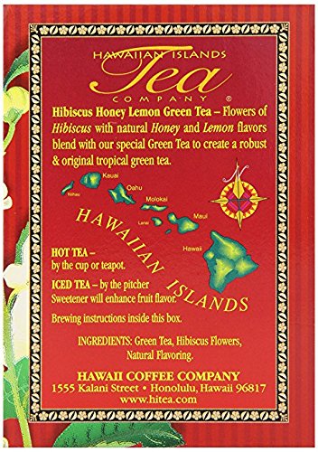 Hawaiian Islands Tea Company Hibiscus Honey Lemon Tropical Green Tea, All Natural - 20 Teabags (1 Box)...