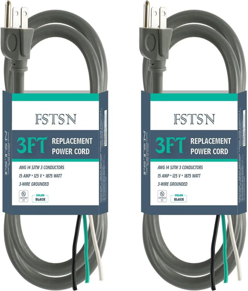 2 Pack 3 ft 14/3C SJTW Appliance and Power Tool Cord, 14 Gauge 3 Prong Replacement Power Supply Cord Cable, 110V 115V 120V AC Pigtail, 15A, 1875w ...