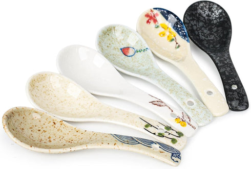 HANSGO 6PCS Asian Soup Spoons, Chinese Japanese Retro Soup Spoons 5.5 Inch Ceramic Soup Spoons for Wonton Ramen Noodles...