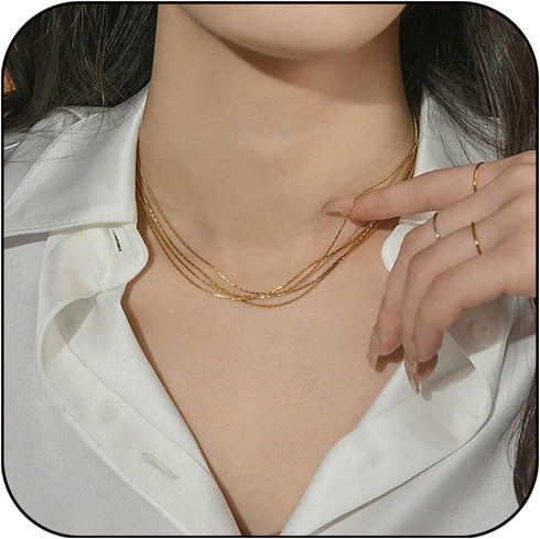 JINEAR Super Thin Herringbone Gold Choker Necklaces for Women, 14K Gold Filled Necklace Five Layer Cute Snake Chain Necklace Handmade Layered Gold...