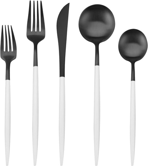 Matte Black Silverware Set with white handle, Bysta 5-Piece Stainless Steel Flatware Set, Kitchen Utensil Set Service for 1, Tableware Cutlery Set...
