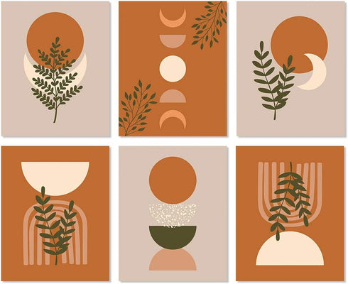 HLNIUC Warm Color Boho Art Print Mid Century Modern Canvas Poster Set of 6(8”X10”, Unframed) Minimalist Abstract Geometric Sun Wall Art for Living...