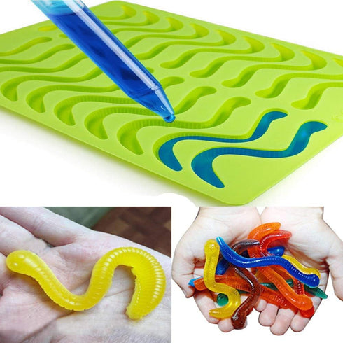 Candy Silicone Molds & Ice Cube Trays,2 Pack Gummy Worm Molds 20 Cavities with Bonus Dropper (Red, Green)...
