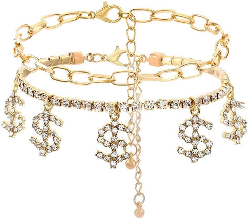 Urieo Gold Rhinestone Anklet Chain Dollar Pendant Foot Chain Double Layered Anklets Bracelets Summer Beach Jewelry for Women Pack of 2...