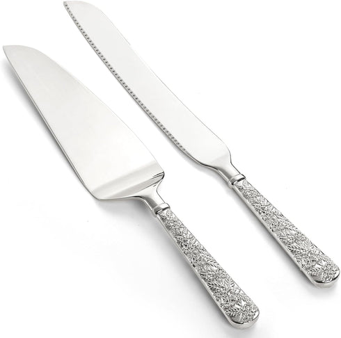 Dicunoy 2 PCS Wedding Cake Knife and Server Set, Silver Cake Cutting Set, Vintage Engraved Cake Cutter and Elegant Serving Spatula for Birthday, P...