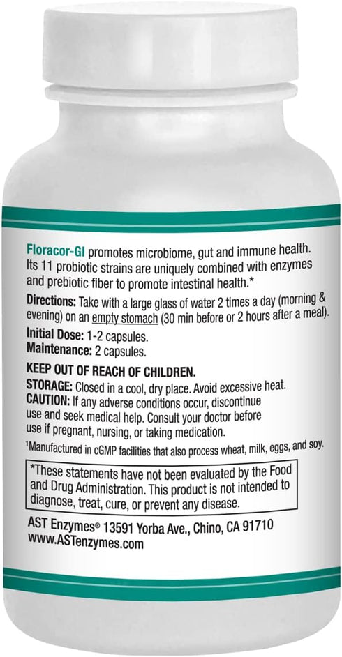 Floracor - Supports Gut & Intestinal Health - Premium Probiotic, Prebiotic and Enzyme Formula - 60 Vegetarian Capsules...