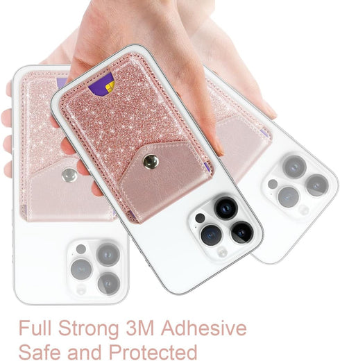Self Adhesive Card Holders for Back of Phone, Cute Leather RFID Phone Wallet Pockets with Snap, Slim Card Holders Sleeve for Phone Case, Glitter R...