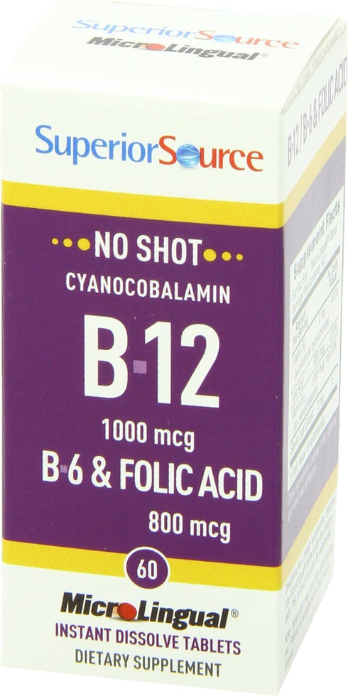 Superior Source No Shot Vitamin B12 Cyanocobalamin (1000 mcg), B6, Folic Acid, Quick Dissolve MicroLingual Tablets, 60 Count, Increase Energy, Hea...