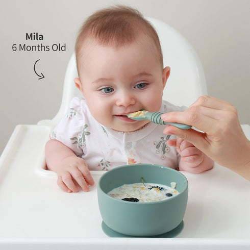 Baby Bowl and Spoon Set with Suction and Lid, Silicone Baby Food Bowl, First Stage Baby Feeding Set, Self Feeding Essentials for 6+ Months (Forest...