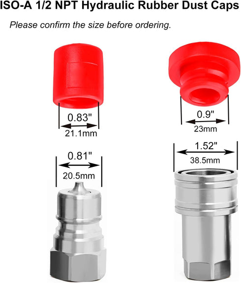 1/2 ISO-A & ISO5675 Hydraulic Quick Coupler Male Dust Cap and Female Plug Cover, Red Rubber Dust Caps/Plugs with Retention Ring Keeps Cap Attached...