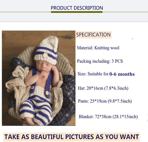3 PCS Newborn Photography Prop Baby Hat Knitted Handmade Cover Diaper with Toddler Swaddle Blankets Wraps for Infant Boy Girl Princess Twins...