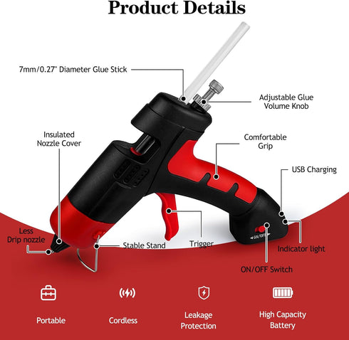 Cordless Hot Glue Gun, Fast Preheating Hot Melt Glue Gun, Mini Glue Gun Kit with 10 Premium Glue Sticks, Rechargeable Wireless Glue Gun for Art, C...