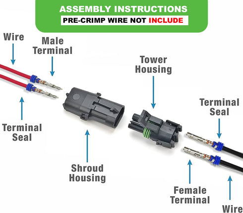 5-Pack (2-PIN) 20 Amps Weather-Pack Waterproof Male Female 2-Conductor Connector, Pin Socket Seal Kit 14-16 AWG...