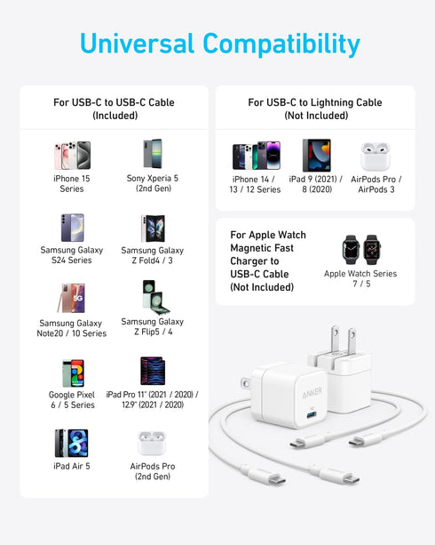 Anker Charger, 2-Pack 20W Fast Charger with Foldable Plug and USB-C to C Cables, for iPhone 15/15 Plus / 15 Pro / 15 Pro Max / 14/13 Series, Samsu...
