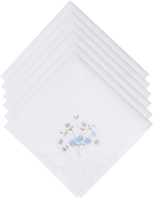 Selected Hanky Women's Cotton Handkerchiefs Flower Embroidered with Lace, Ladies Hankies 6 Pcs - Blue Floral...