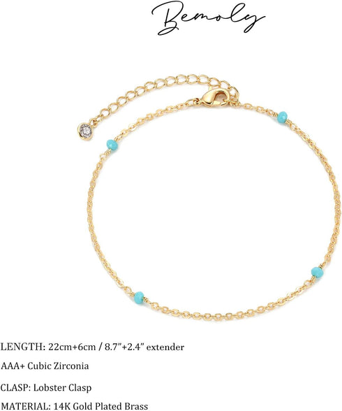 Bemoly Gold Anklet 14K Gold Plated Boho Beach Simple Dainty Charm Cute Tiny Lucky Star Turquoise Eye zircon Handmade Foot Jewelry for Women...