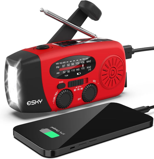 Esky Emergency Hand Crank Radio with 3 LED Flashlight, AM/FM/NOAA Portable Weather Radio with 2000mAh Power Bank Phone Charger, Solar Powered Rech...