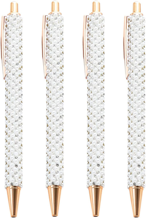 4 Pcs White Pearl Pens Rhinestone Metal Ballpoint Pens Sparkly Crystal Pens Black Ink for Women Girls Office School Supplies...