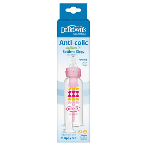 Dr. Brown's Anti-Colic Options+ Narrow Sippy Bottle Starter Kit, 8oz/250mL, with Level 3 Medium-Fast Flow Nipple and Soft 100% Silicone Sippy Spou...