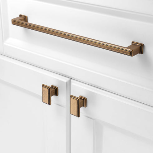 KOOFIZO Stepped Bar Cabinet Pull - Antique Brass Furniture Handle, 10 Inch/256mm Screw Spacing, 1-Piece for Kitchen Cupboard Door, Bedroom Dresser...