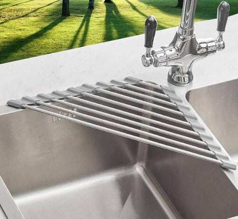 Triangle Dish Drying Rack for Sink Corner Roll Up Folding Stainless Steel Multipurpose Over The Sink Dish Drainer Mat for Kitchen (Grey)...