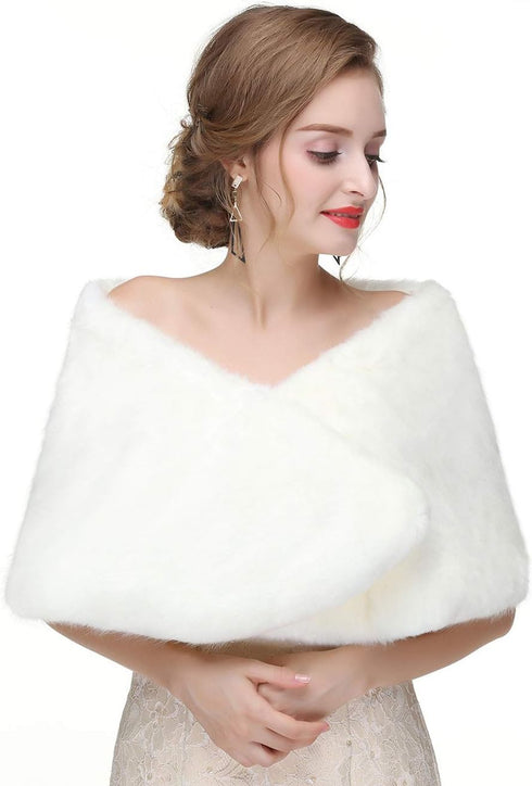 Jovono Women's Wedding Fur Shawls and Wraps Bridal Wedding Fur Stole with Rhinestone Brooch for Bride and Bridesmaids...