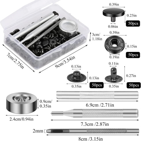 TLKKUE 50 Sets Leather Snap Fasteners Kit 10mm Black Metal Snap Buttons kit Stainless Steel with 4pcs Snap Fastener Installation Tools for Sewing ...